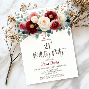 Burgundy and White Floral 21st Birthday Party Invitation