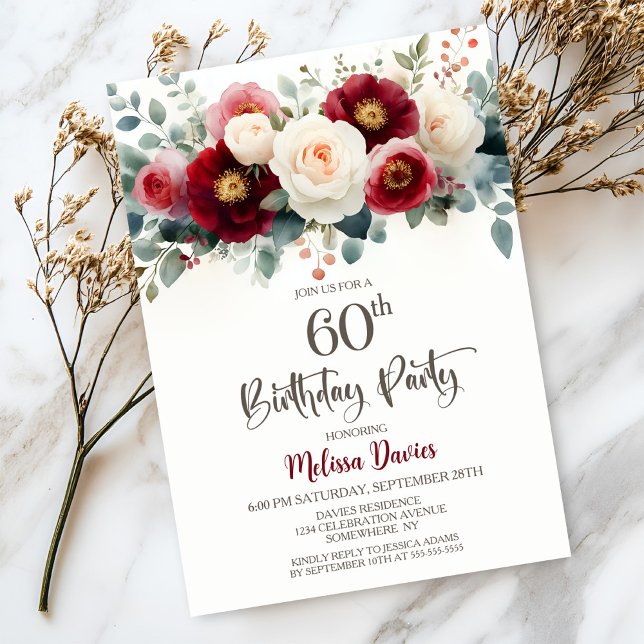 Burgundy and White Floral 60th Birthday Party Invitation (Creator Uploaded)