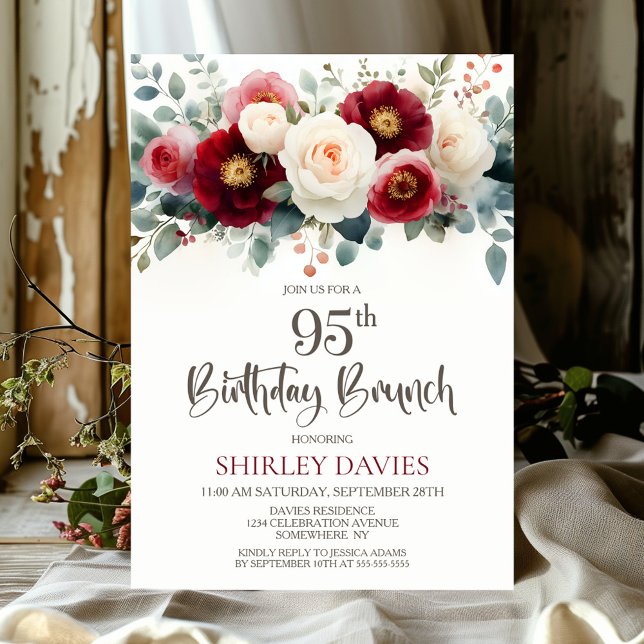 Burgundy and White Floral 95th Birthday Brunch Invitation (Creator Uploaded)