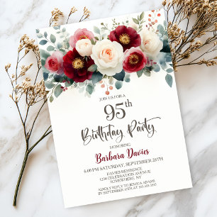 Burgundy and White Floral 95th Birthday Party Invitation