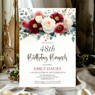Burgundy and White Floral Any Age Birthday Brunch Invitation