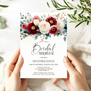 Burgundy and White Floral Bridal Shower Invitation