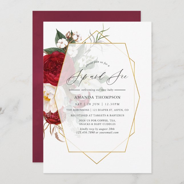 Burgundy and White Floral Geometric Sip and See Invitation (Front/Back)