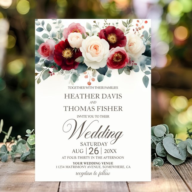 Burgundy and White Floral Wedding Invitation (Creator Uploaded)