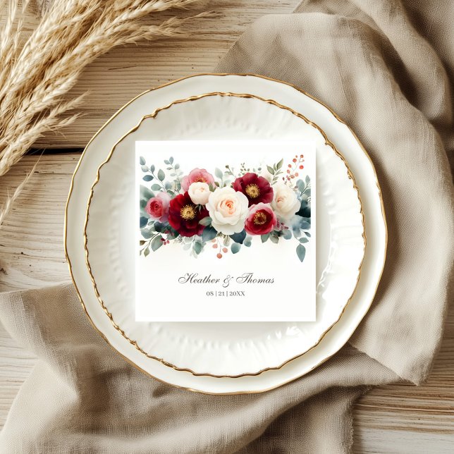 Burgundy and White Floral Wedding Napkin (Creator Uploaded)