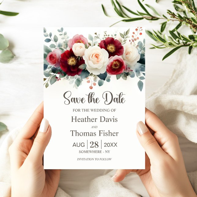 Burgundy and White Floral Wedding Save the Date Invitation (Creator Uploaded)
