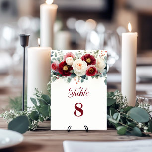 Burgundy and White Floral Wedding Table Number