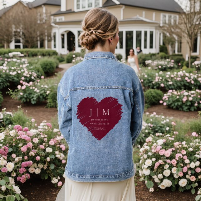 Burgundy and White Formal Simple Monogram heart Denim Jacket (Wedding Back)