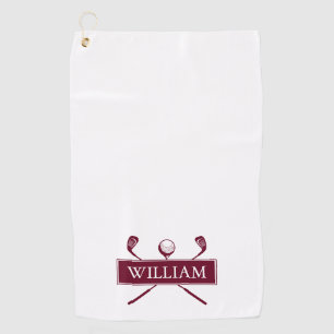Burgundy And White Golf Clubs Personalised Name Golf Towel
