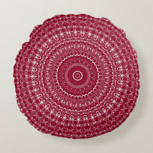 Burgundy and White Intricate Mandala Pattern Round Cushion