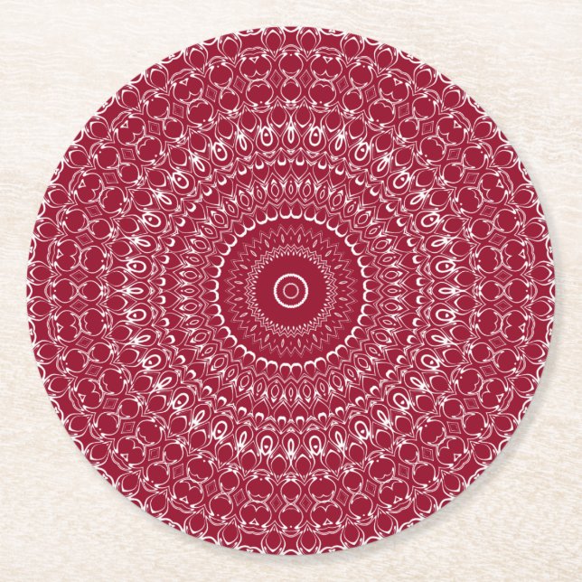 Burgundy and White Intricate Mandala Pattern Round Paper Coaster (Front)