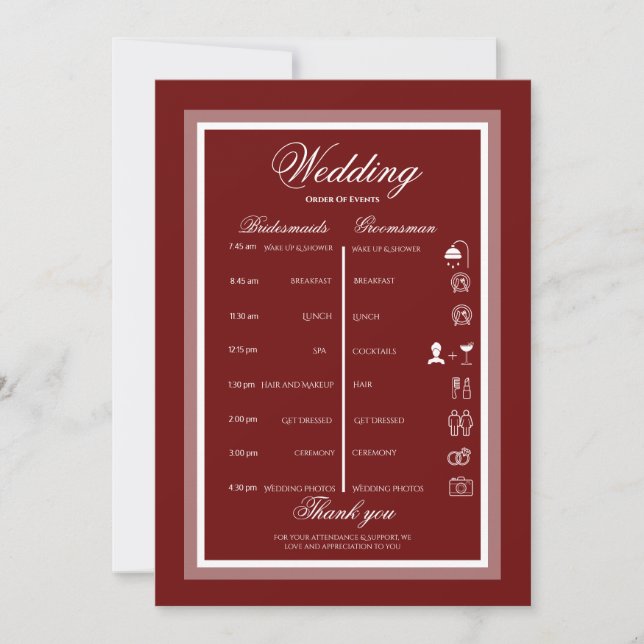 Burgundy and white itinerary  invitation (Front)