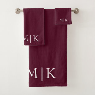 Burgundy and White   Modern Monogram Bath Towel Set
