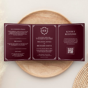 Burgundy and White Monogram QR Code Wedding Tri-Fold Invitation