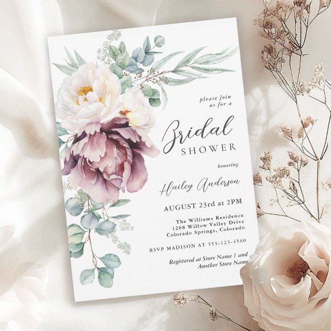 Burgundy and White Peonies Floral Bridal Shower Invitation (Available in both printed and instant download digital formats.)