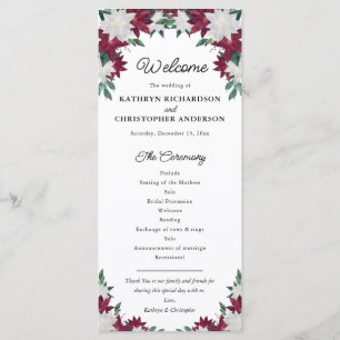 Burgundy and White Poinsettia Christmas Wedding Programme