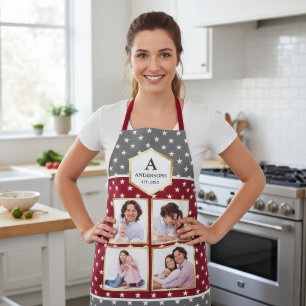 Burgundy and White Stars Pattern Photo Collage Apron