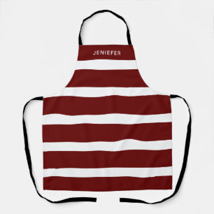 Burgundy and White Striped Pattern Custom Name Apron