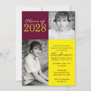 Burgundy and Yellow Classic 2 Photo Graduation Invitation