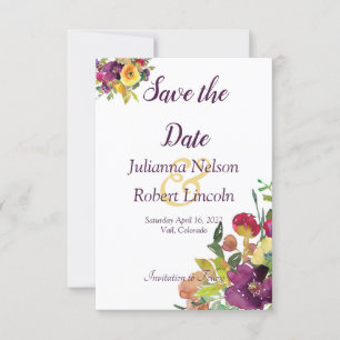 Burgundy and yellow watercolor floral save the dat invitation