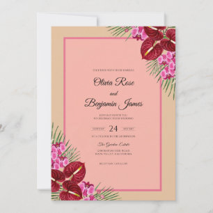 Burgundy Anthurium Palm Eucalyptus Wedding Invitation