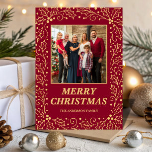 Burgundy & Antique-Gold Family Photo Christmas Holiday Card