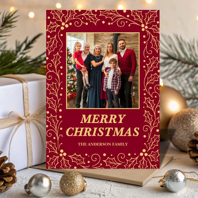 Burgundy & Antique-Gold Family Photo Christmas Holiday Card (Creator Uploaded)
