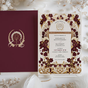 Burgundy & Antique Gold Floral Wedding Invitation