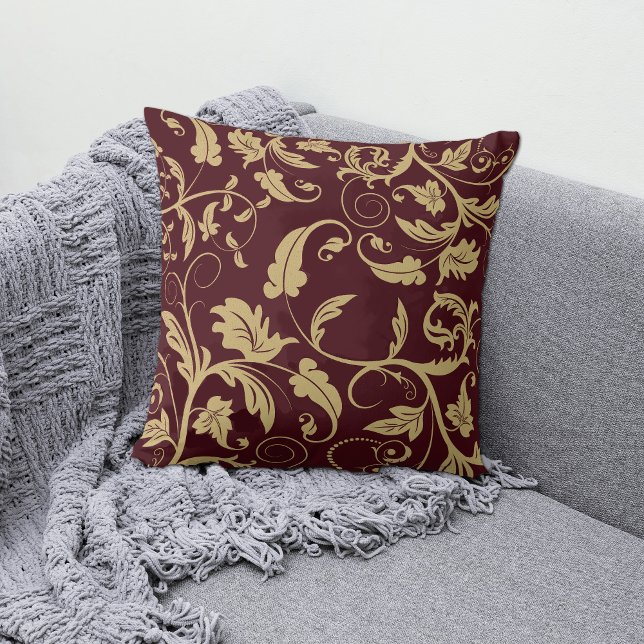 Burgundy Antique Gold Retro Leaf Swirl Cushion (Creator Uploaded)