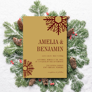 Burgundy & Antique Gold Simple Snowflake Wedding Invitation