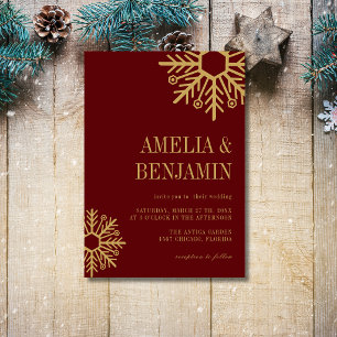 Burgundy & Antique Gold Simple Snowflake Wedding Invitation