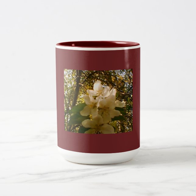Burgundy Apple Blossom Design Two-Tone Coffee Mug (Center)