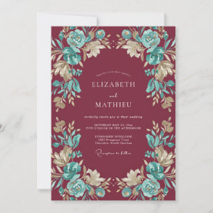 Burgundy Aqua Painted Wedding Invitation