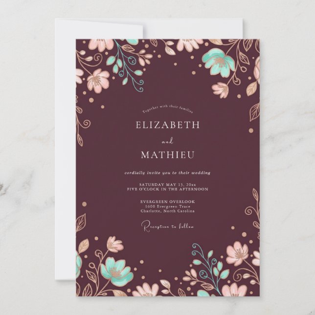 Burgundy Aqua Vine Wedding Invitation (Front)