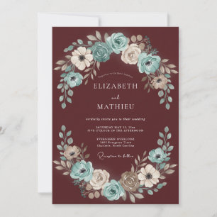 Burgundy Aqua Wreath Wedding Invitation