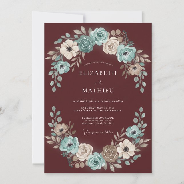 Burgundy Aqua Wreath Wedding Invitation (Front)