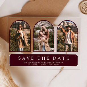 Burgundy Arch 3 Photo Wedding Save the Date Acrylic Invitations