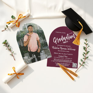 Burgundy Arch Photo QR Code Grad Party Invitation