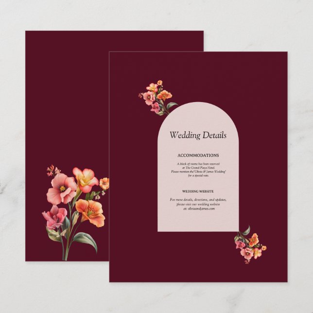 Burgundy Arched Floral Wedding Enclosure Info Card (Front/Back)