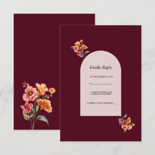 Burgundy Arched Floral Wedding RSVP Reply Card