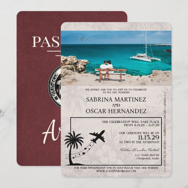 Burgundy Aruba Passport Wedding Invitation (Front/Back)