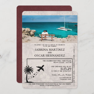 Burgundy Aruba Passport Wedding Invitation