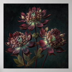 Burgundy Astrantia Flowers Art Print Poster