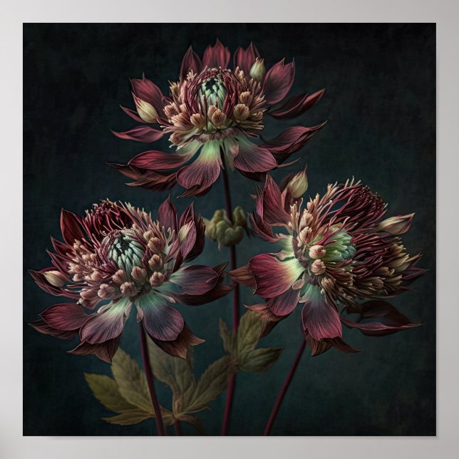 Burgundy Astrantia Flowers Art Print Poster (Front)