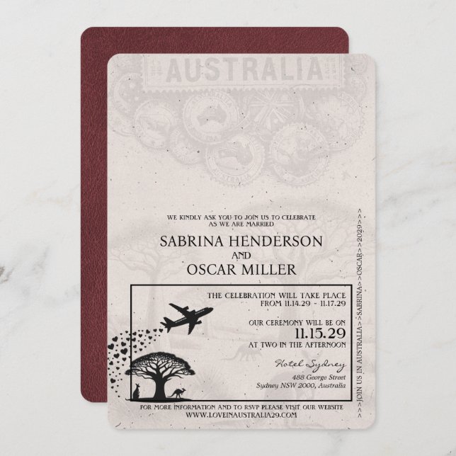 Burgundy Australia Passport Wedding Invitation (Front/Back)