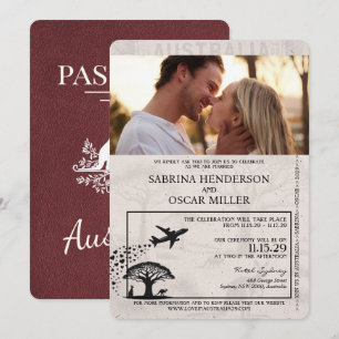 Burgundy Australia Passport Wedding Invitation