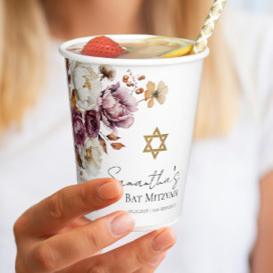 Burgundy Autumn Fall Floral Bat Mitzvah Paper Cups