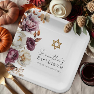 Burgundy Autumn Fall Floral Bat Mitzvah Paper Plate
