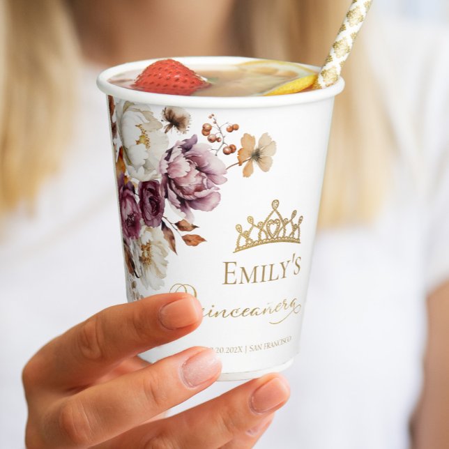 Burgundy Autumn Fall Floral Quinceanera Paper Cups (Creator Uploaded)