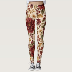 Burgundy Autumn Floral Botanical Leggings